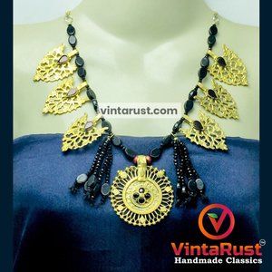 Tribal Black Stone Necklace: Afghan Motif Vintage Jewelry Set